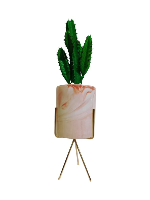 Cactus Plant With Pink Pot & Gold Stand - Table Size (Faux)
