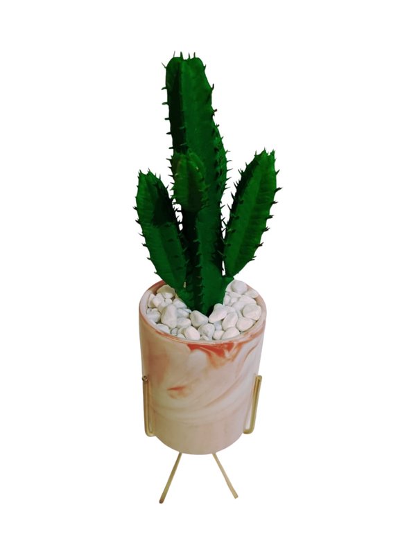 Cactus Plant With Pink Pot & Gold Stand - Table Size (Faux)