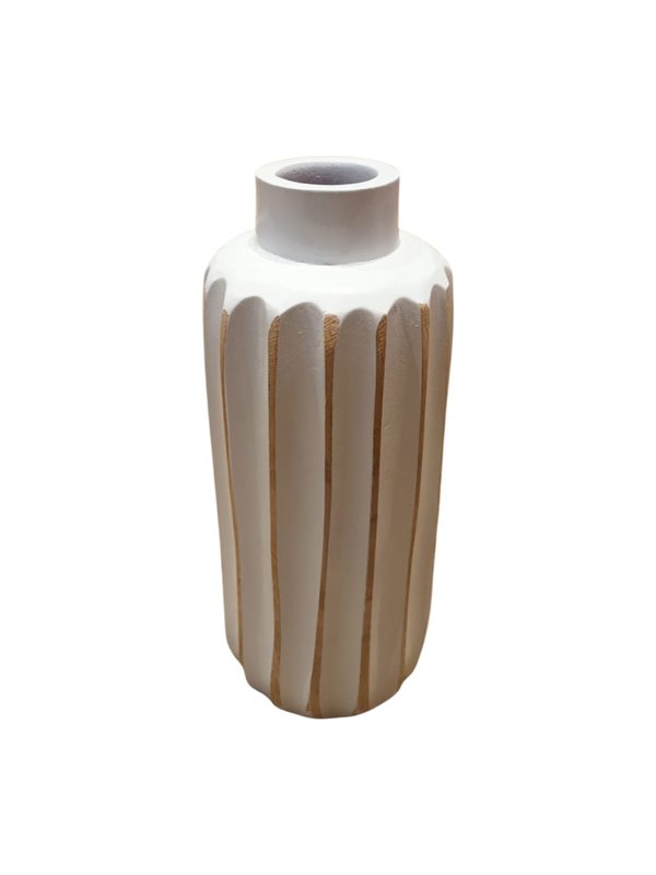 Wooden Short Vase No.10 Line Patterns (White Color) - Hand Craft