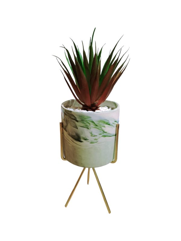 Ananas Lucidus Plant With Green Pot & Gold Stand (Sisal Plant) - Table Size (Faux) 