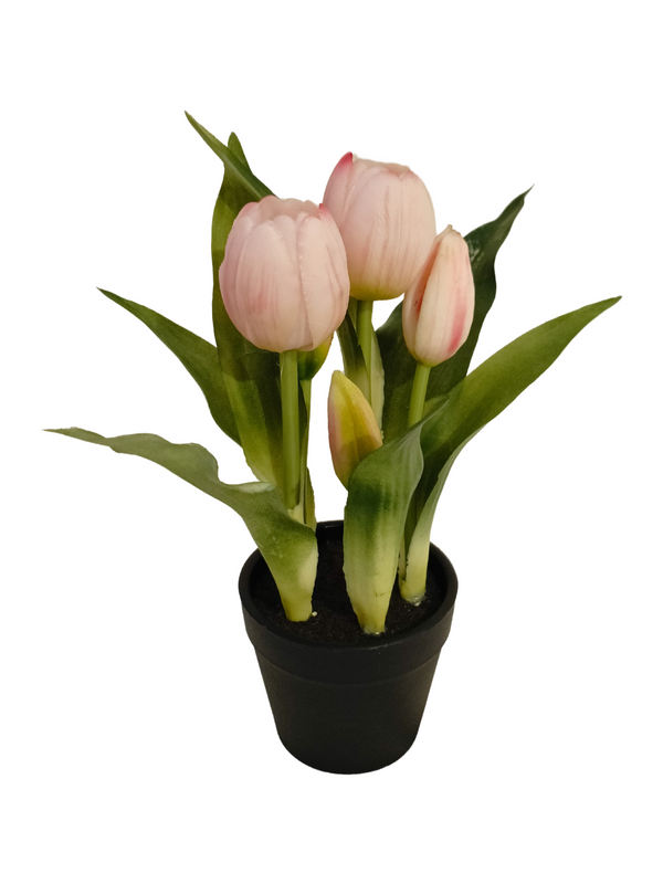 Pink Tulip Plant With Black Pot - Table Size (Faux)