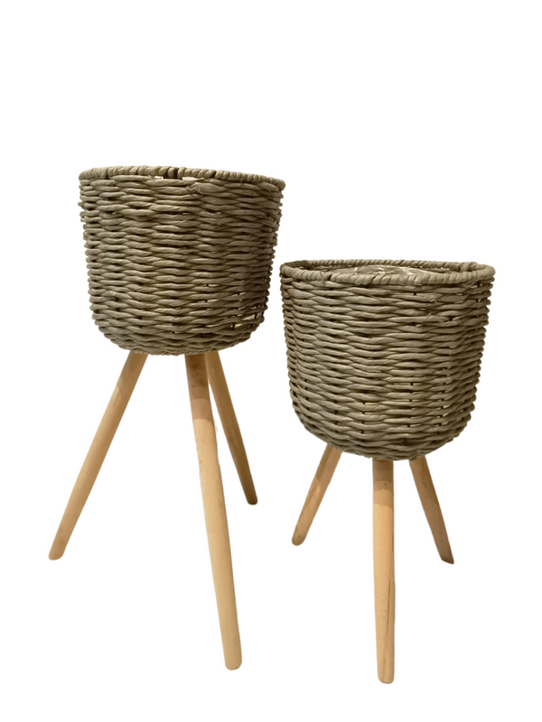 Pots (Grey) - Straw Material with Legs "Scandinavian Design" 