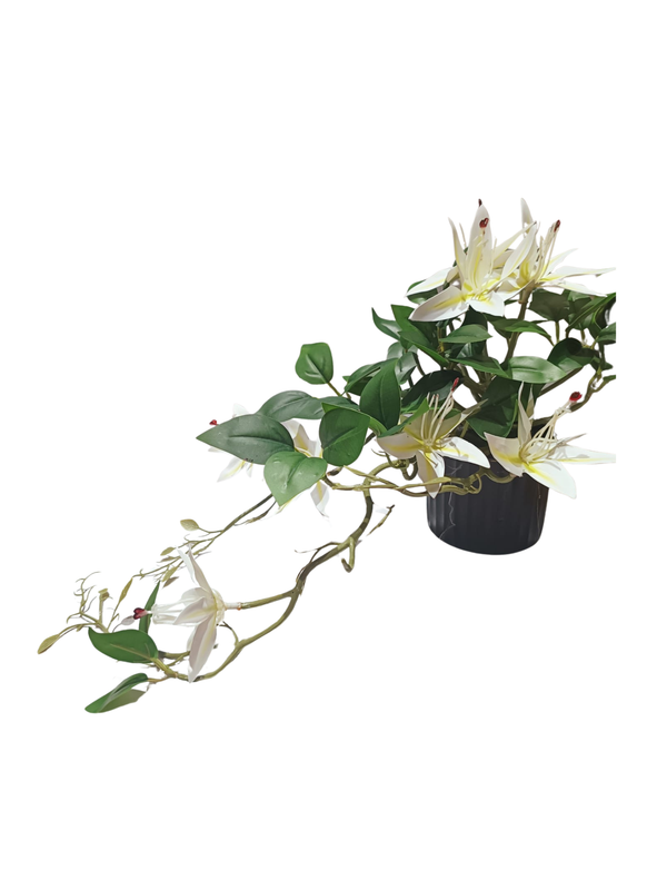Hanging Lily Plant With Black Pot (Yellow/White) - Table Size (Faux)
