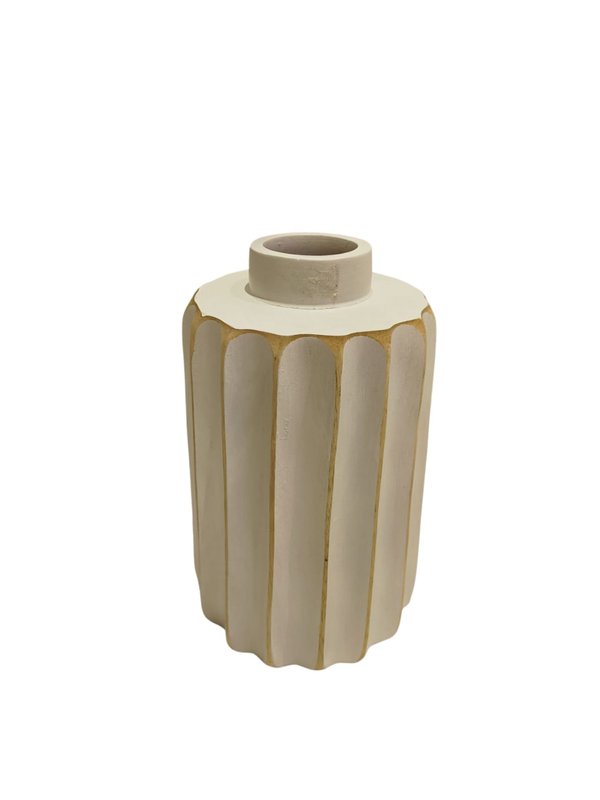 Wooden Short Vase No.7 Line Patterns (White Color) - Hand Craft