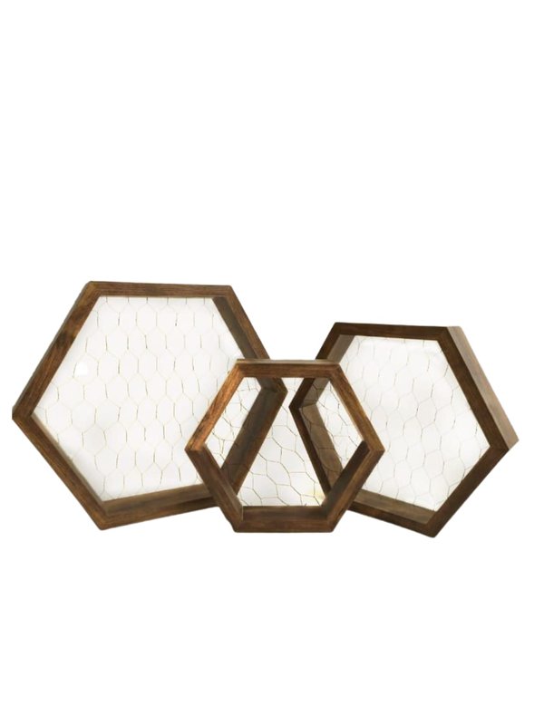 Wall Decor - Hexagon Frames No.5 with Wire Mesh (Wooden/ Brown - 3pcs)